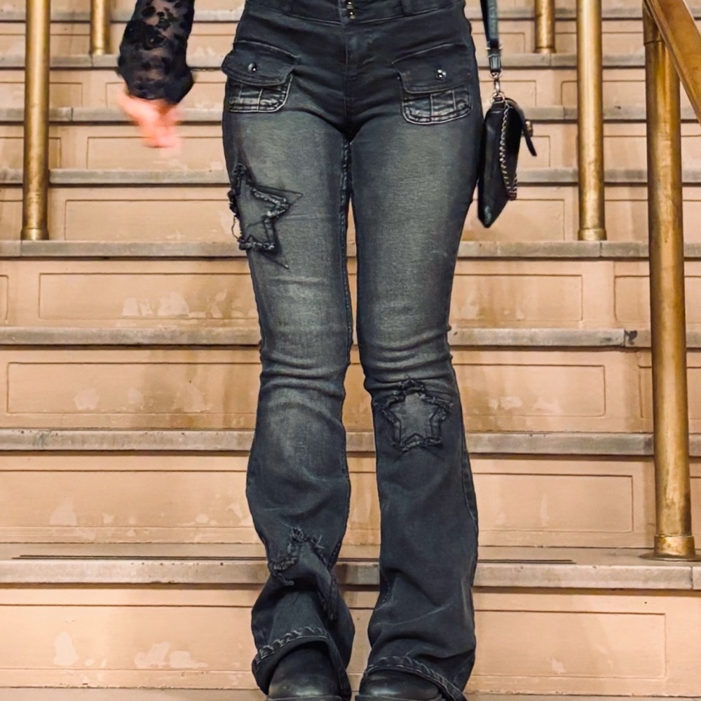Washed Black Star Patch Bootcut Jeans